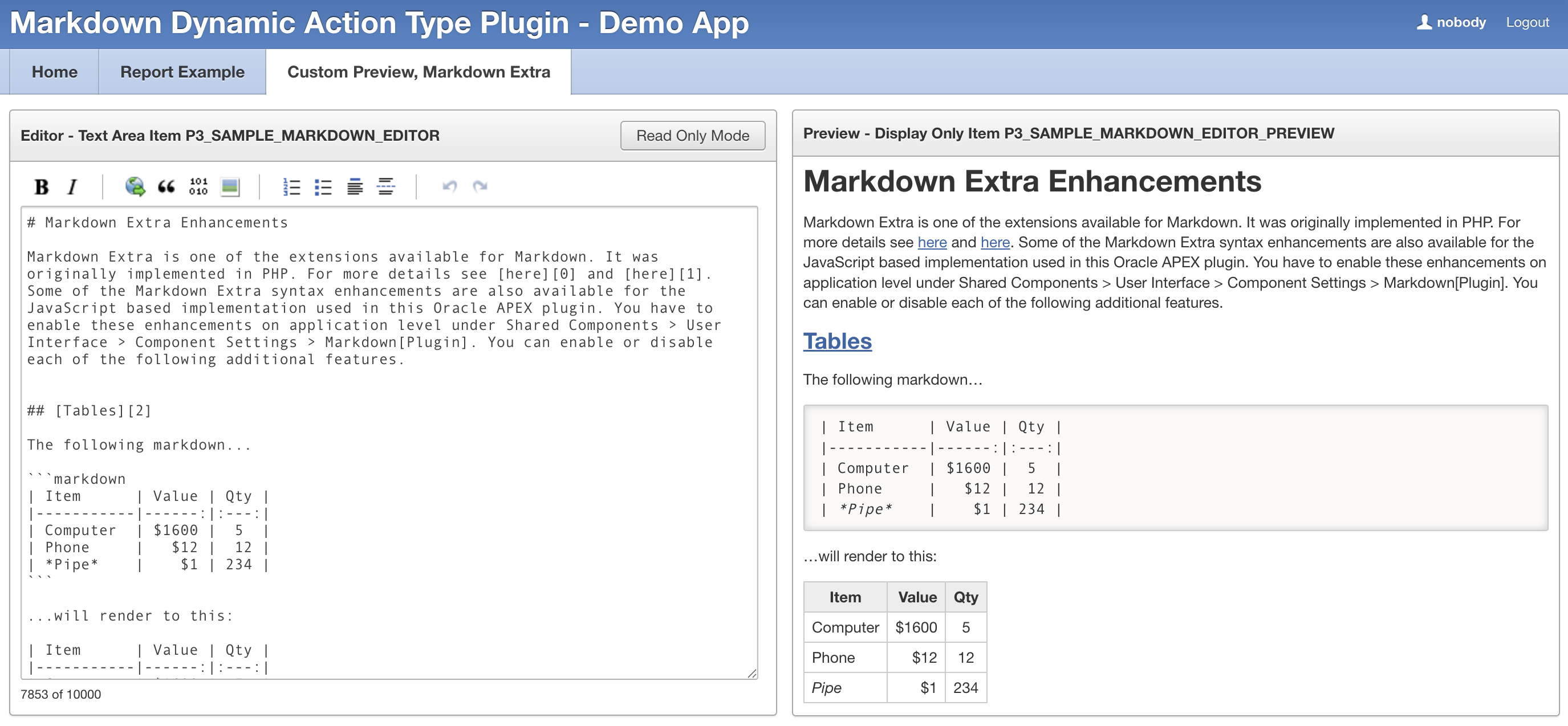 Screenshot of a Markdown editor